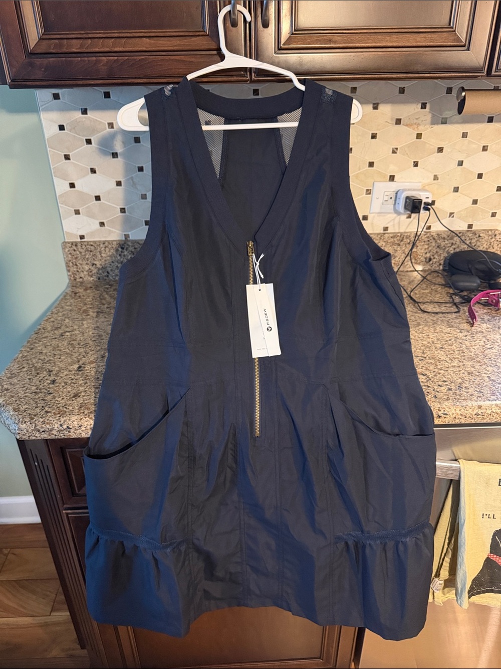 Women's Navy Sleeveless Athletic Zip-Front Midi Dress with Pockets and Mesh